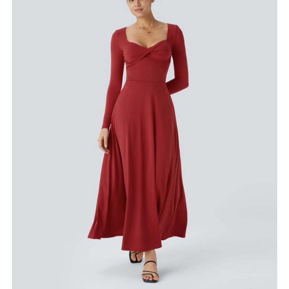 Sweetheart Neck Long Sleeve Pocket Flare Flowy Maxi Dress